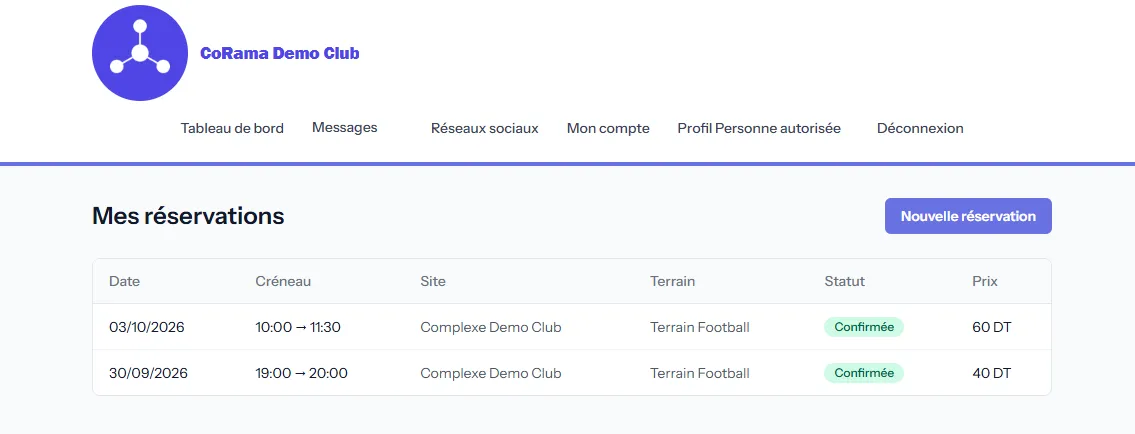 Réservation d’un créneau (site, terrain, date et tarif) dans CoRama (données fictives).